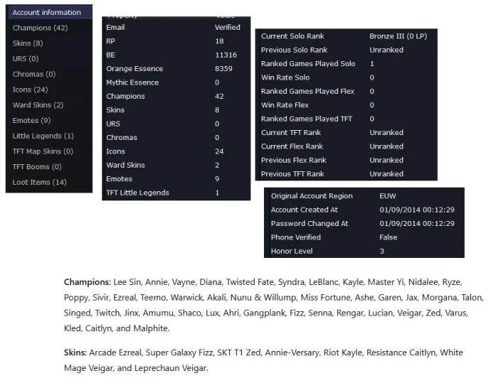 EUW HANDLVLD Season 16 + BRONZE 3 +BE:11K +42 CHAMPS+ Vanguard safe+ FULL ACCESS+ Instant Delivery A674