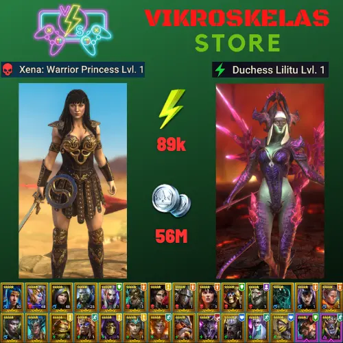 Starter acc with Xena : 89k energy / 56 mln coins / Lilitu, Lugan, Drokgul, Ruel, Arix, Ninja + 19 Login Legendaries / Geomancer