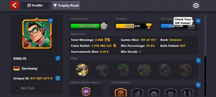 Level 55 - Coin 1018M (+1B) - Cash 47 - Rank Veteran - Trophy 2285 - Legendary Cubes 3 - Lucky Shot 5x - Code1153