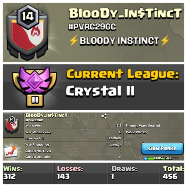 LEVEL- 14 | NAME- BLOODY_IN$TINCT I WAR LOG WIN- 312 : LOSS- 143 | CWL- CRYSTAL 2 | CC- 1 | AMAZING NAME & WAR LOG | INSTANT DELIVERY