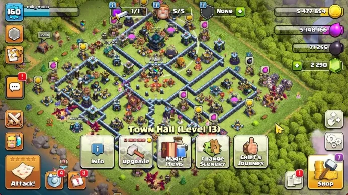 TH 13 - BH 6|Limited Skin|LV 160|HH 7|BK 68,AQ 70,GW 45,MP 35,RC 15|CN OFF|Protect OFF|TAKE MAIL(COC1946)