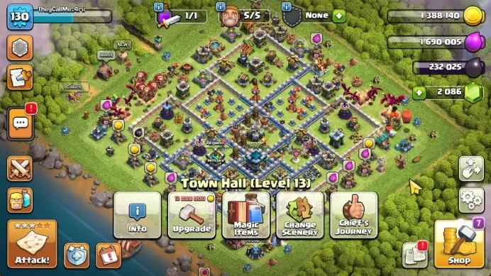 TH 13 - BH 6|Limited Skin|2086 Gems|LV 130|HH 7|BK 54,AQ 62,GW 34,MP 37,RC 5|CN OFF|Protect OFF|TAKE MAIL(COC1948)
