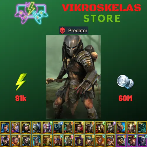 Starter acc with Predator : 91k energy / 60 mln coins / Caldor, Var-Gall, Wachief, Arix, Ninja + 19 Login Legendaries / Aniri