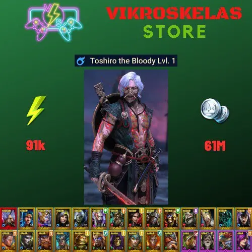 Starter with Mythical - Toshiro : 91k energy / 61 mln coins / Hurndig, Roanas, Arix, Ninja + 19 Login Legendaries / Deacon, Nia