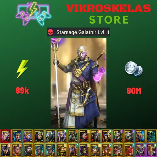 Starter with Mythical - Galathir : 89k energy / 60 mln coins / Var-Gall, Lord Shazar, Arix, Ninja + 19 Login Legendaries / Fenax
