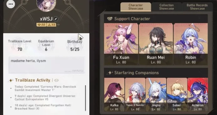 Asia|TL 70|7K SJ+21SPass|19 Limited|Acheron,Jingliu,Topaz,Kafka]+Sign,Castorice,Evernight,TheHerta,etc|Take Mail|CheckSS|HSR5437
