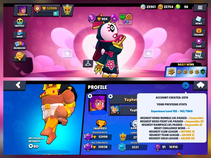 SEXY BS 53K TROPHY, 99/99 BRAWLERS, 50 HYPERCHARGED, 14 MAXED BRAWLERS, 261 SKINS, [ 7 MYTHIC + 5 LEGENDARY + 5 HYPERCHARGED ], 660 PINS