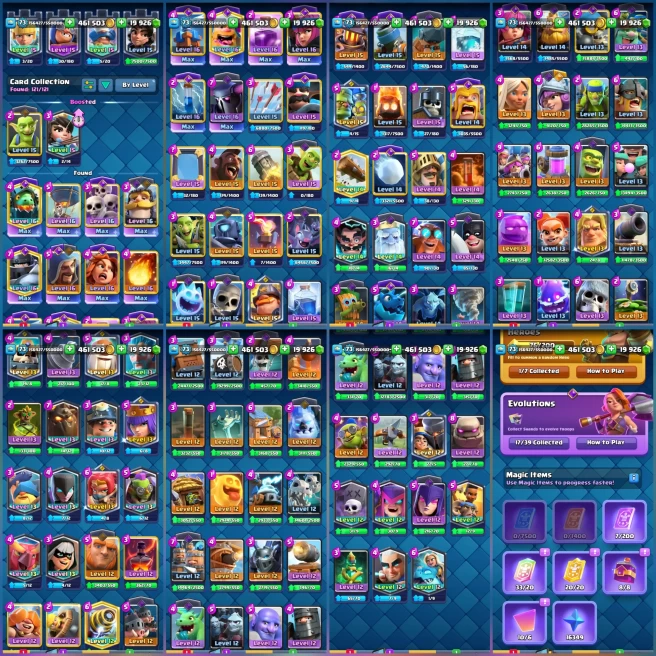 HIGH LEVEL 73, 8 YR OLD CR 12K CUPS, 20K GEMS, [ 14- MAX, 22- L15, 16- L14] , 17 EVO, 216 OP EMOTES, FREE COC TH16 MAX DEFENSE , HEROES, TROOPS
