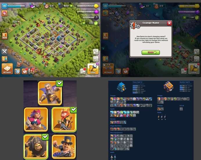 ■TH:12 (+60%) ■Heroes: K53 Q54 P30 W22 ■Skins:5 ■Gems:1.3k ■BH:9 ■Full Access ■Instant Delivery ■A4986
