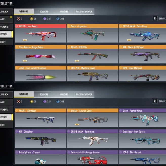 1 mythic gun | 10 legend gun | LVL 325 | 315 Epic Guns | 124 Characters Epics |C : 8K | Saved: Activision| code r030