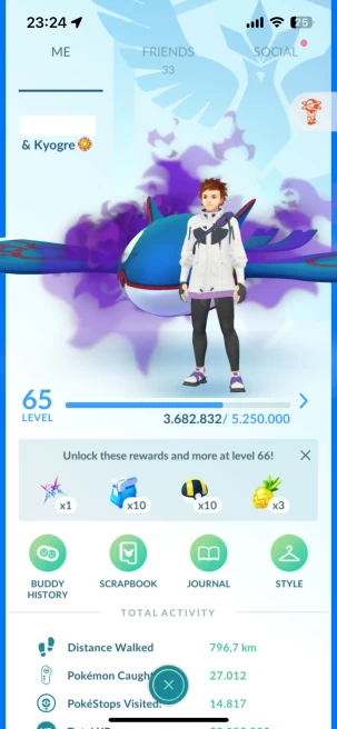 Level 65, 6 Legendary IV100, Shadow Kyogre IV100, 220 Shiny, 206 Legendary, 37 IV 100, 13 Shiny Legendary, 45 Shadow Legendary