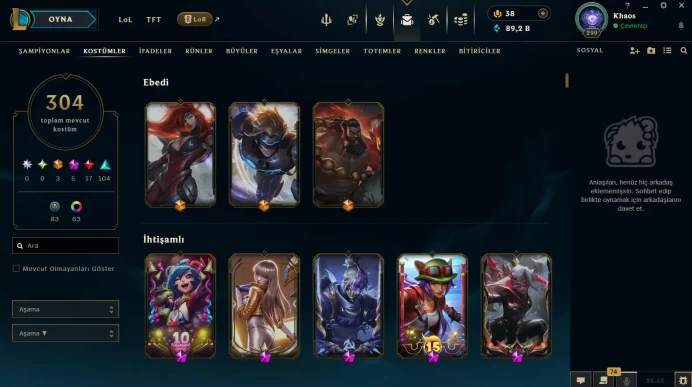 EUW | 304 SKIN | 89K BE | 299 LVL | UNRANKED | MAIL CHANGEABLE ACCOUNT