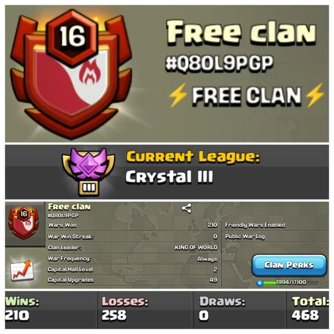 LEVEL- 16 | NAME- FREE CLAN I WAR LOG WIN- 210 : LOSS- 258 | CWL- CRYSTAL 3 | CC- 2 | AMAZING NAME | INSTANT DELIVERY