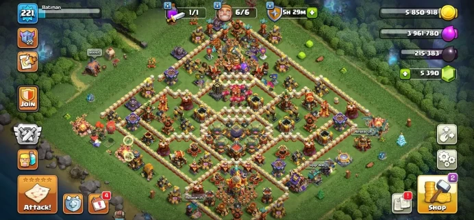TH 16 Full Max, 14 Equipment Epic 2 Lv 27 - 2 Lv 26, 10 Hero Skin, 2 Map Skin, Wall Full Max, Defense Max, Hero Max