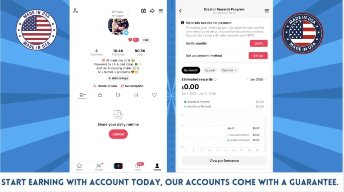 100% Monetized USA Account Creator Rewards Program Active | 10k Real Followers & 80k Likes | Real Screenshots + Full Access + Good Standing