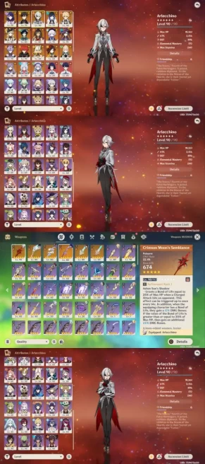 All Platform - EU - AR57 - 64 Character 19 5'Star - 6 Weapon 5'Star - Arlecchino - Xilonen - Navia - Zhongli - Yelan - Code1237