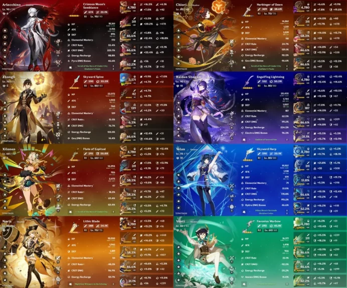 All Platform - EU - AR57 - 64 Character 19 5'Star - 6 Weapon 5'Star - Arlecchino - Xilonen - Navia - Zhongli - Yelan - Code1237