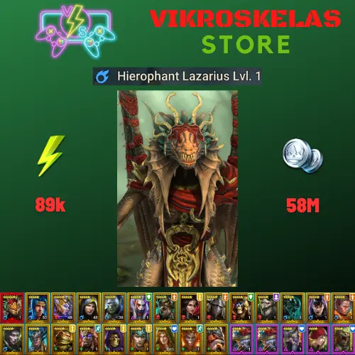 Starter with Mythical - Lazarius : 89k energy / 58 mln coins / Lady of Ireth, Arix, Ninja + 19 Login Legendaries / Maneater