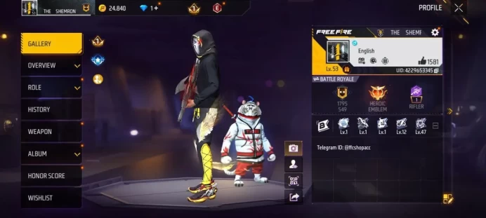 iOS/Android- Global - Level 53 - Rank Gold - Set 35 - Emote 18 - Weapon 129 - Artifact 2 - Mythic 19 - Epic 43 - Code1213