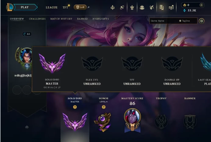 [EUW] S2026 - MASTER - 4 LP - AD/MID MAIN - %62,9 WR - Honor 4 - 33,3K Be - SAFE- CHEAP