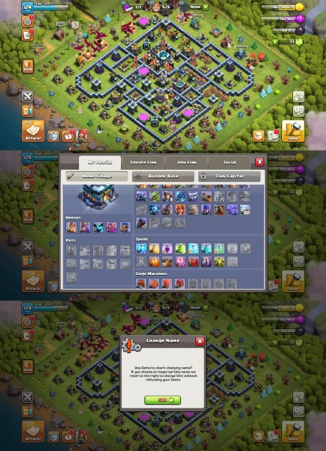 TH13 Near Max | XP 124 | BK 32 AQ58 MP28 GW42 RC25 | Max Walls & Equipment | 100% Secure SCID | Ios & Android