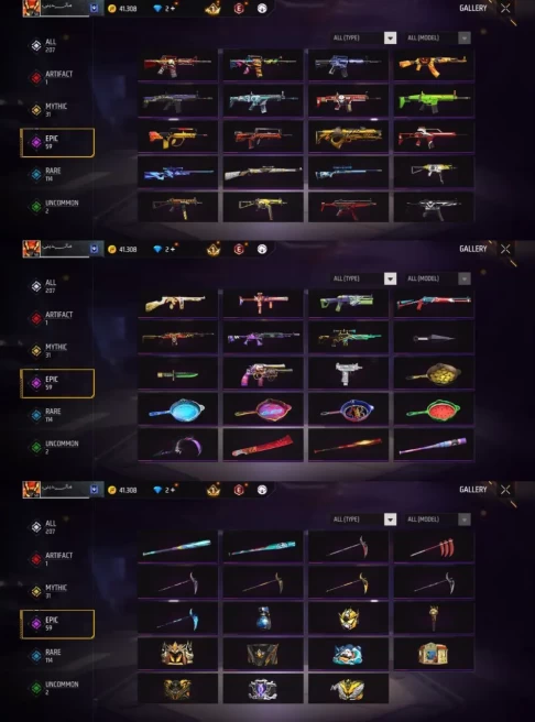 iOS/Android- Global - Level 58 - Rank Platinum - Set 59 - Emote 22 - Weapon 207 - Artifact 1 - Mythic 31 - Epic 59 - Code1249