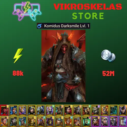 Starter with Mythical - Komidus : 88k energy / 52 mln coins / Queen Eva, King Garog, Arix, Ninja + 19 Login Legendaries
