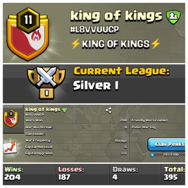 LEVEL- 10 | NAME- KING OF KINGS  I WAR LOG WIN- 204 : LOSS- 187 | CWL- SILVER 1 | CC- 5 | AMAZING NAME & WARLOG | INSTANT DELIVERY