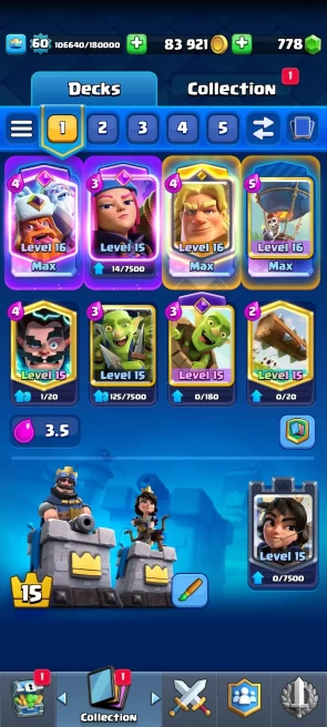 Level  60/ 35 card max(8 elite)3 card 16/5 skin towers/78 emote/83 k gold/Lifetime warranty(C2152)