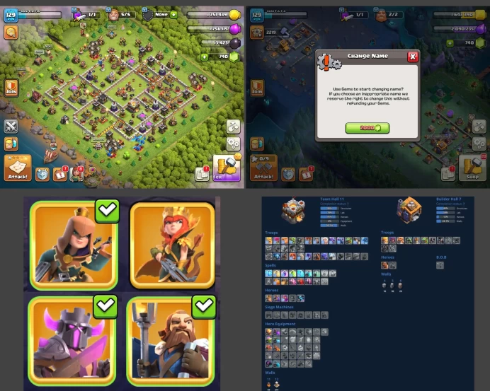 ■TH:11 (+85%) ■Heroes: K47 Q47 P20 W20 ■Skins:4 ■BH:7 ■Full Access ■Instant Delivery ■A5121