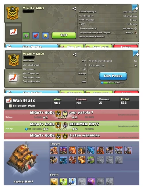 || LEVEL 19.7 || GOLD 3 + CC:7  || NAME :  MIGHTY GODS || 407 WINS 198 LOSSES DRAWS : 27