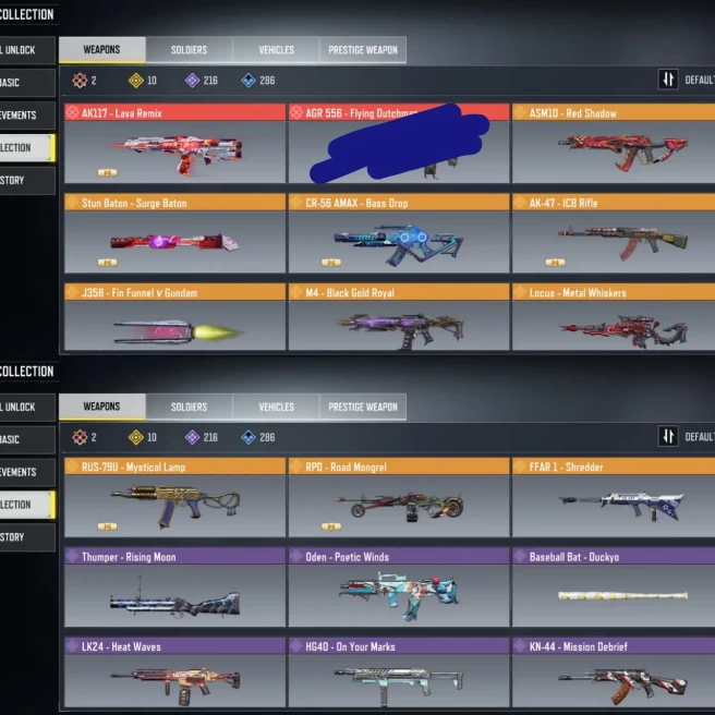 1 mythic gun | 10 legend gun + Locus Metal W| legend Vehicle | LVL 376 | 216 Epic Guns | 71 Characters Epics |C : 15K | Saved: Activision| r033