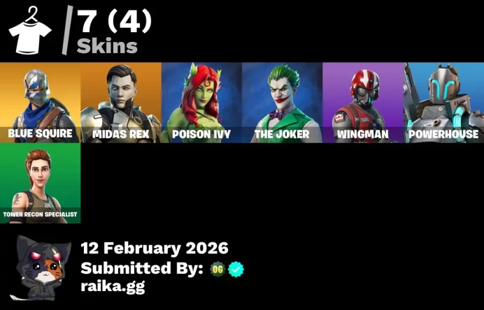 FA - [PSN/XBOX/PC] 7 skins | Blue Squire | Midas Rex | Poison Ivy | The Joker | Wingman | Powerhouse | Tower Recon Specialist | Laugh Riot | 135