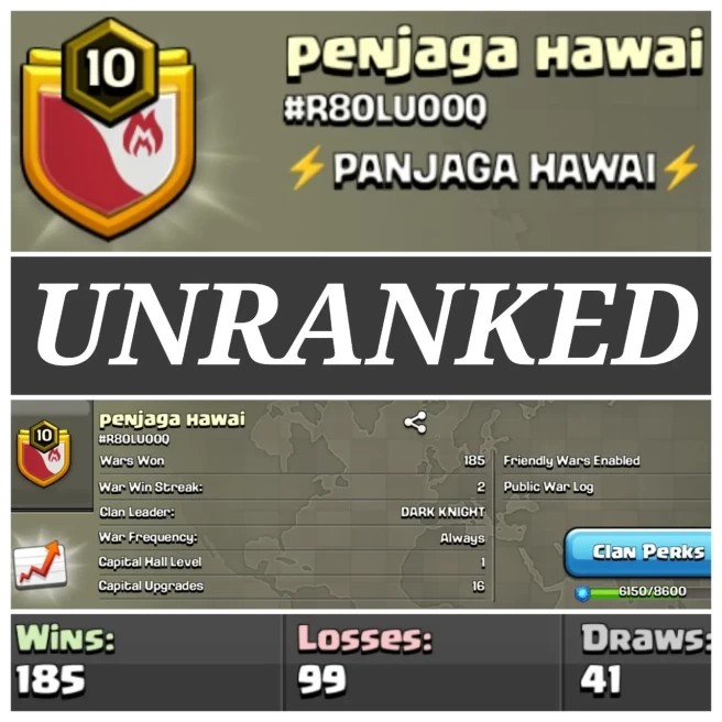 LEVEL- 10 | NAME- PANJAGA HAWAI I WAR LOG WIN- 185 : LOSS- 99 | CWL- UNRANKED | CC- 1 | AMAZING NAME & WARLOG | INSTANT DELIVERY