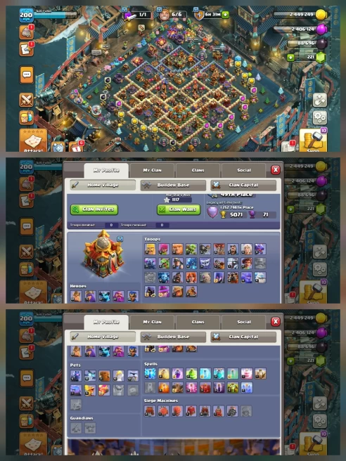 COMBO MAX TH16, EPIC EQUIPMENT, LEGENDARY SCENARY AND SKINS, GOOD BH, + 9 YR OLD CR 10K CUPS, [ 7- Max, 9- L15 ], 17 EVO, 97 EMOTES, LEVEL 65