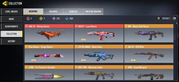 mythic gun 2 | legend gun 7 | LVL 400 | Epic Guns 201 | character Epics 74 | C: 39K | code 6472 | Saved:Activision