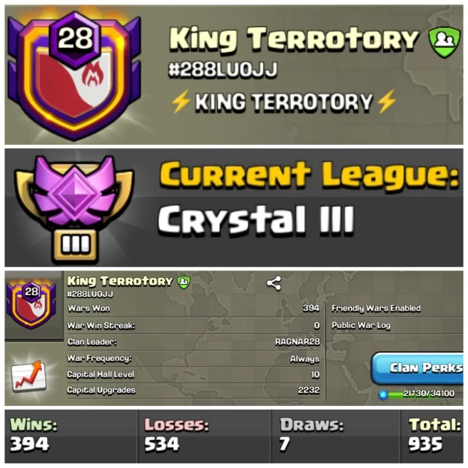 LEVEL- 28 | NAME-  KING TERROTORY I WAR LOG WIN- 394 : LOSS- 534 | CWL- CRYSTAL 3 | CC- 10 | AMAZING NAME & WARLOG | INSTANT DELIVERY