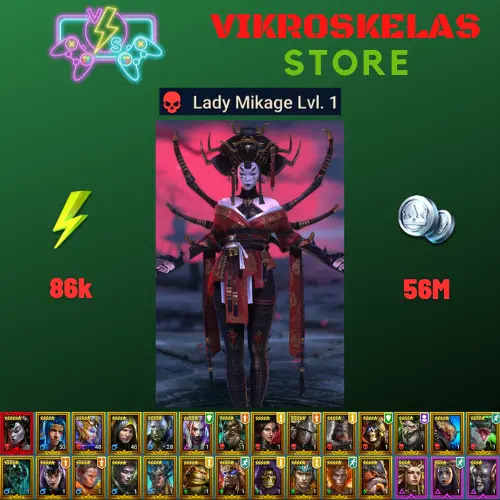 Starter with Mythical - Lady Mikage : 86k energy / 56 mln coins / Var-Gall, Fu-Shan, Timit, Arix, Ninja + 19 Login Legendaries