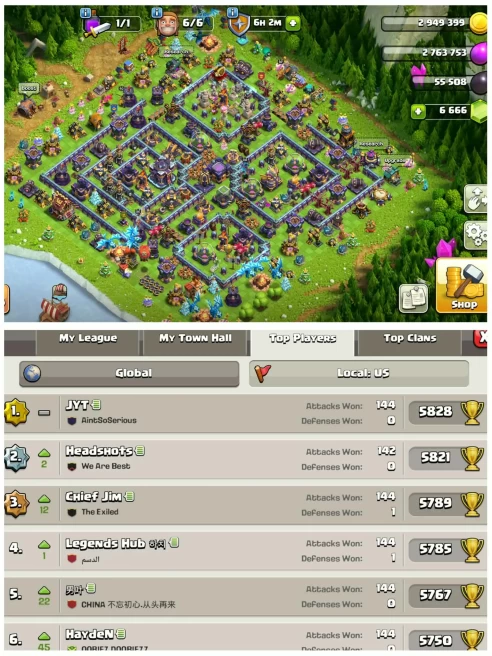 [Us Local]||Th15 Best Account||10 Epic Equipment||2 League Skins|6666 Gems|Spam Old Obstacles Tree||6th Builders|Exp:201