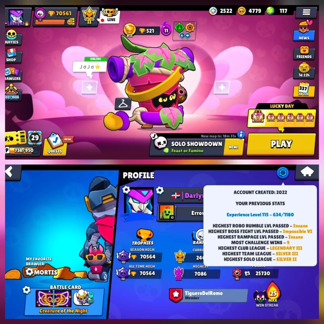 OP HIGH TROPHY 70K BS, 98/99 UNLOCKED, 64 HYPERCHARGED, 17 MAXED , 385 OP SKINS [9 MYTHIC+ 10 LEGEND+ 4 HC], 896 PINS, 373  ICON,  223 SPRAYS