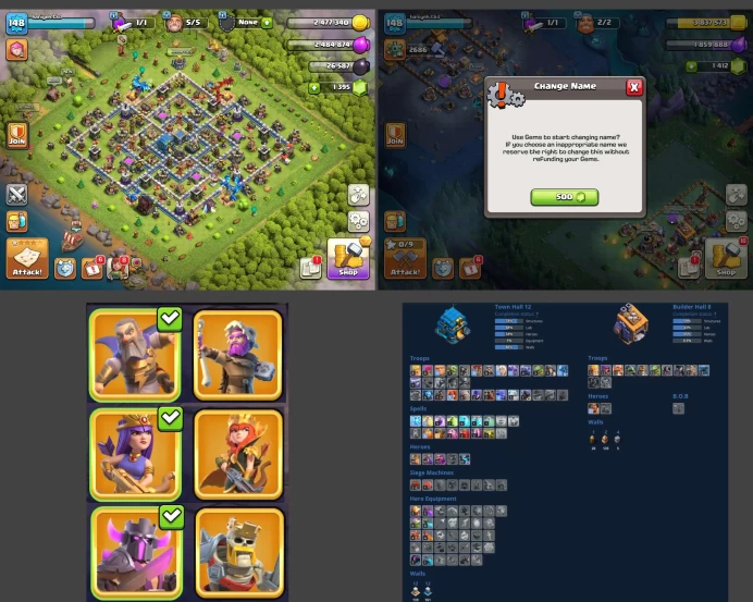 ■TH:12 (+60%) ■Heroes: K39 Q50 P20 W15 ■Skins:6 ■Gems:1325 ■BH:8 ■Full Access ■Instant Delivery ■A5338
