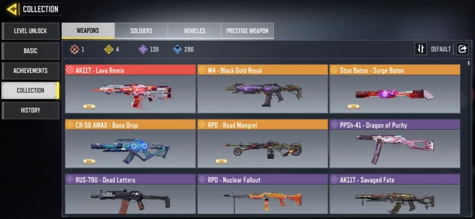 mythic gun 1 | legend gun 4 | LVL 400 | Epic Guns 139 | character Epics 53 | C: 76K |  code 6513 | Saved:Activision