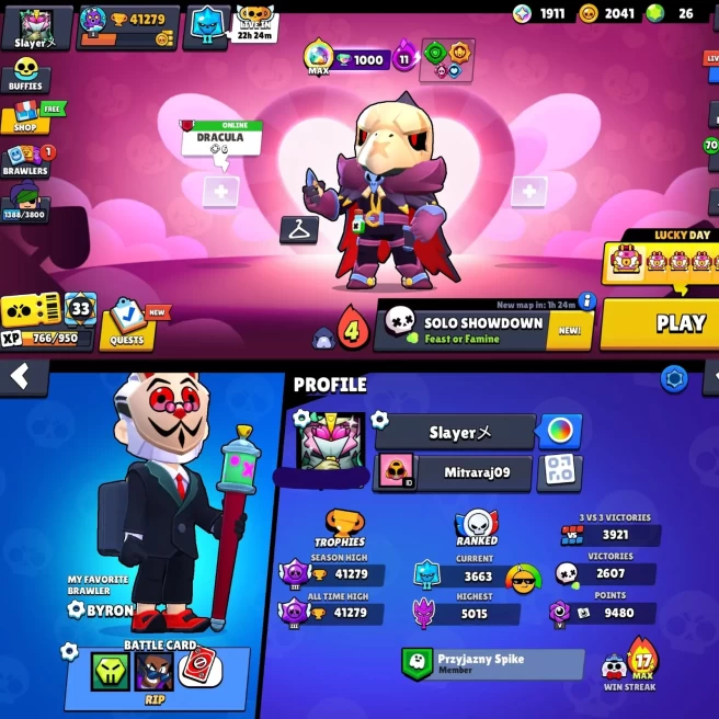 BEST BS 41.2k TROPHY, 84/99 BRAWLERS UNLOCKED, 18 HYPERCHARGED, 5 MAXED BRAWLERS, 180 SKINS, 305 PINS, 214 PLAYER ICONS, 84 SPRAYS