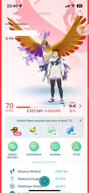 Level 70, 6 Legendary IV100, 112 Pokemon 3000CP+, 104 Shiny, 192 Legendary, 310 IV 100, 9 Shiny Legendary, 40 Shadow Legendary