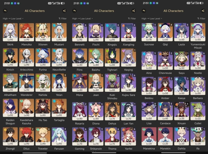 Rare - All Platfrom - NA ( USA ) - AR60 - 77 Character 30 5'Star - 20 Weapon 5'Star - Flins - Skirk - Xilonen - Neuvillette Furina -Yelan C3 - C