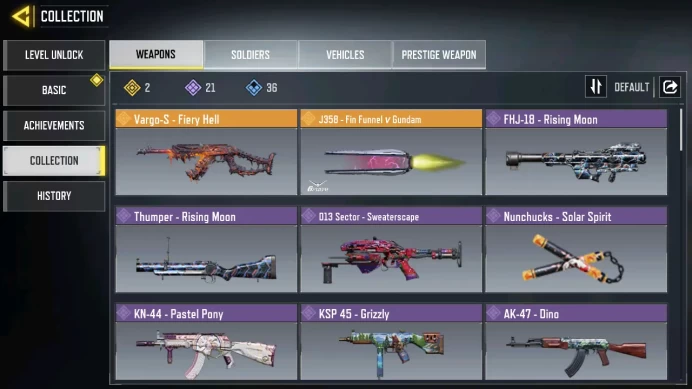 2 Legendary~Vargo-S Fiery Hell~J358 Fin Funnel v Gundam~21 Epic weapons~6 Epic skins~52 lvl~CDm-336
