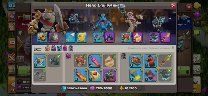 TH 16 - TH 15 Full Max, 10 Equipment Epic, Hero Max, Defense Max, Wall Max, 5 Hero Skin, Change Name 500Gems