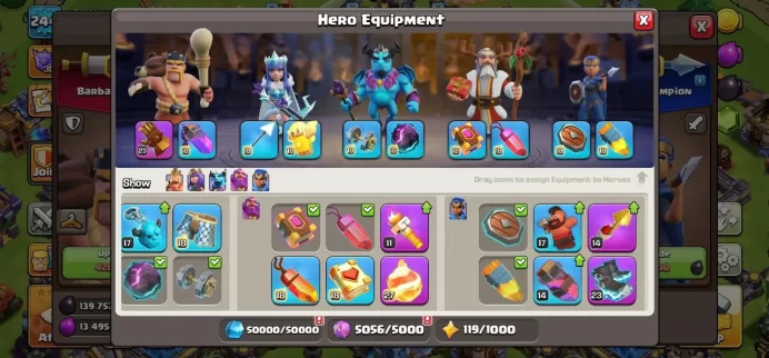 TH 18 Full Max, 6 Equipment Epic , Defense Full Max, Wall Full Max, 7 Hero Skin,Hero High Level, Troops Max, have 3675 geem, 952 League Medal