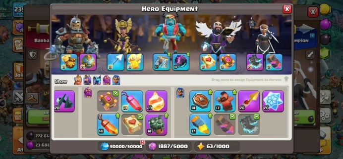 TH 18 Max, 10 Equipment Epic 2 Lv 27 2 Lv 26, 4 Map Skin, Defense Max, Wall Max, 17 Hero Skin, Builder Hall Max