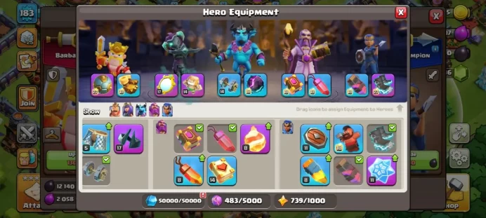 TH 17 , 8 Equipment Epic 2 Lv 27, Defense Full Max, 4 Hero Skin, Troops Max , have 1719 war stars